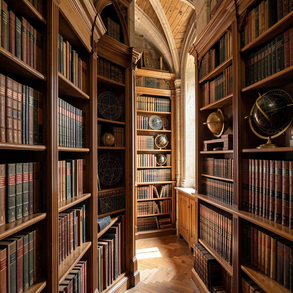 Biblioteca antigua con estantes de libros astrológicos y astronómicos