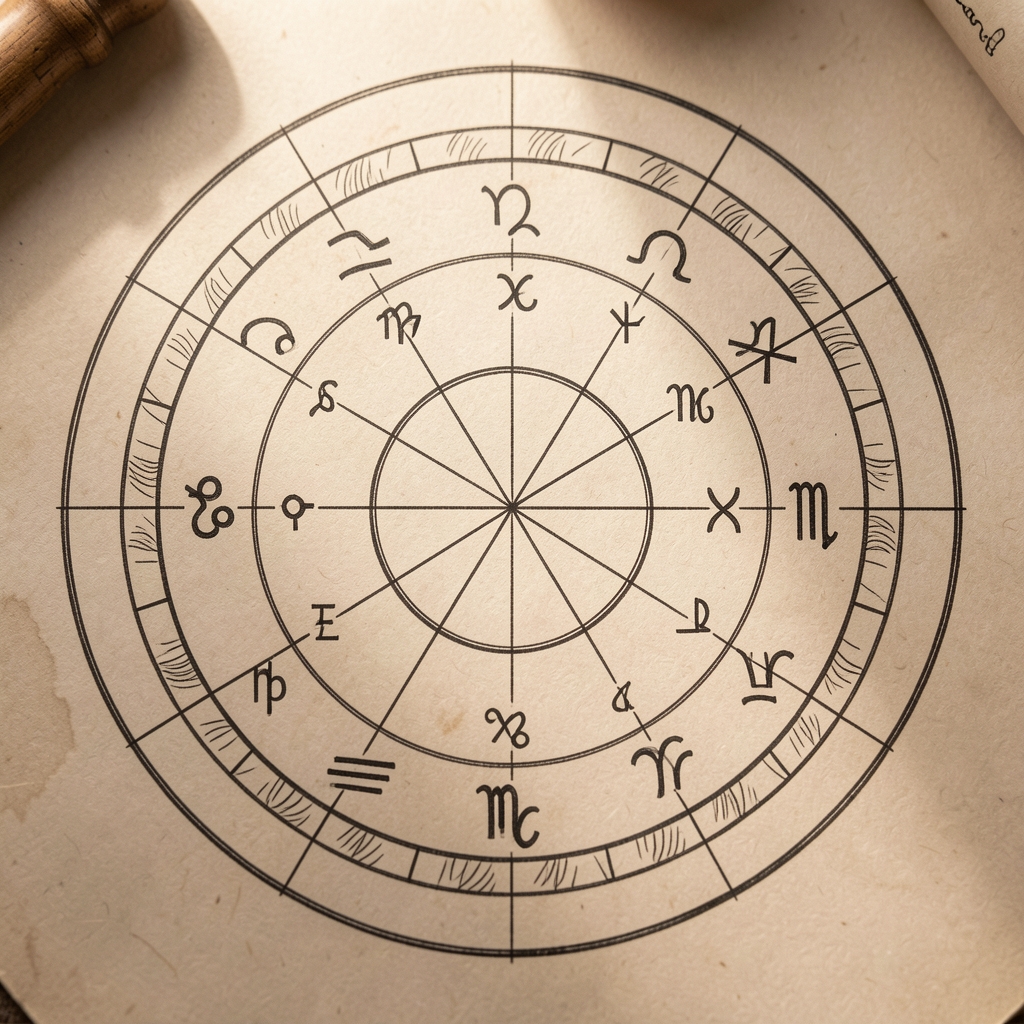Carta natal astrológica dibujada a mano con símbolos zodiacales