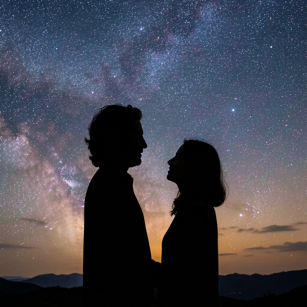 Dos siluetas bajo un cielo estrellado representando compatibilidad simbólica