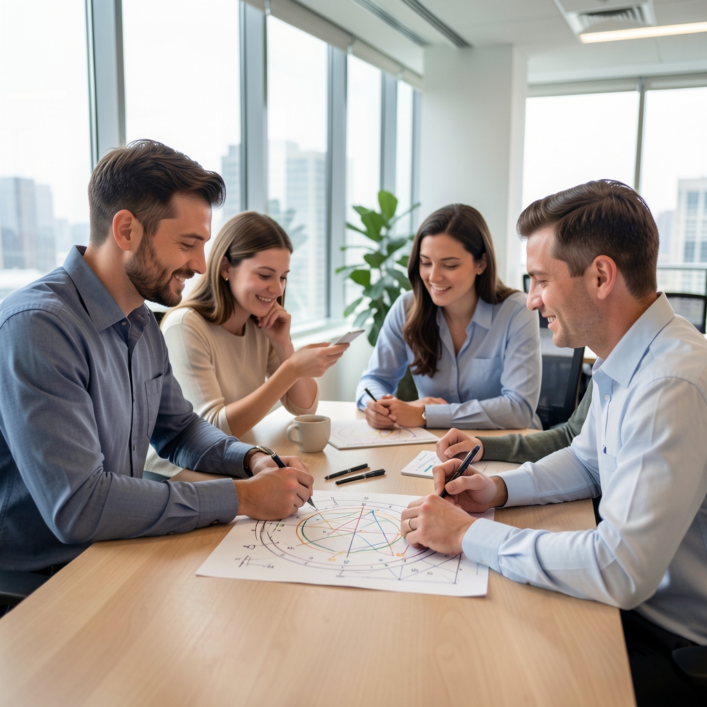 Equipo de analistas revisando gráficos astrológicos en oficina moderna