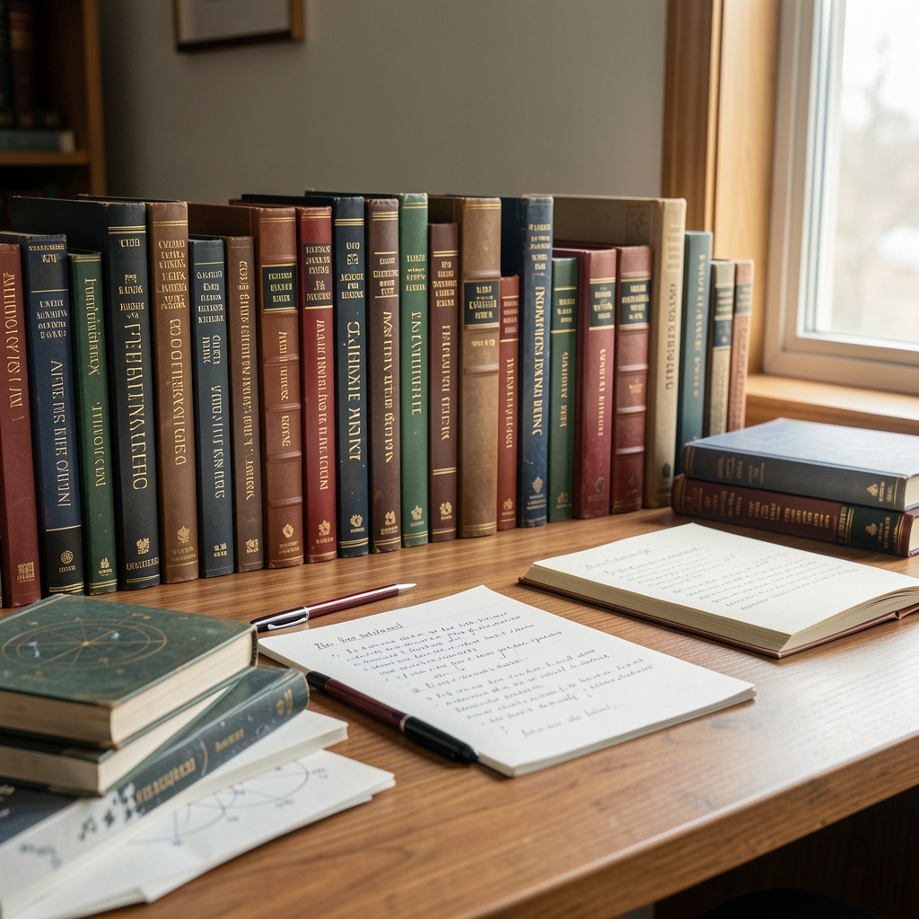Escritorio de investigación con libros de astrología y notas