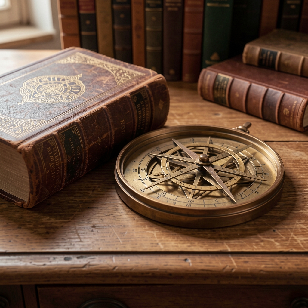 Libros antiguos de astrología y un astrolabio de bronce sobre un escritorio de madera