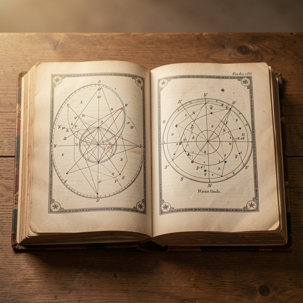 Libro antiguo de astrología abierto con diagramas planetarios