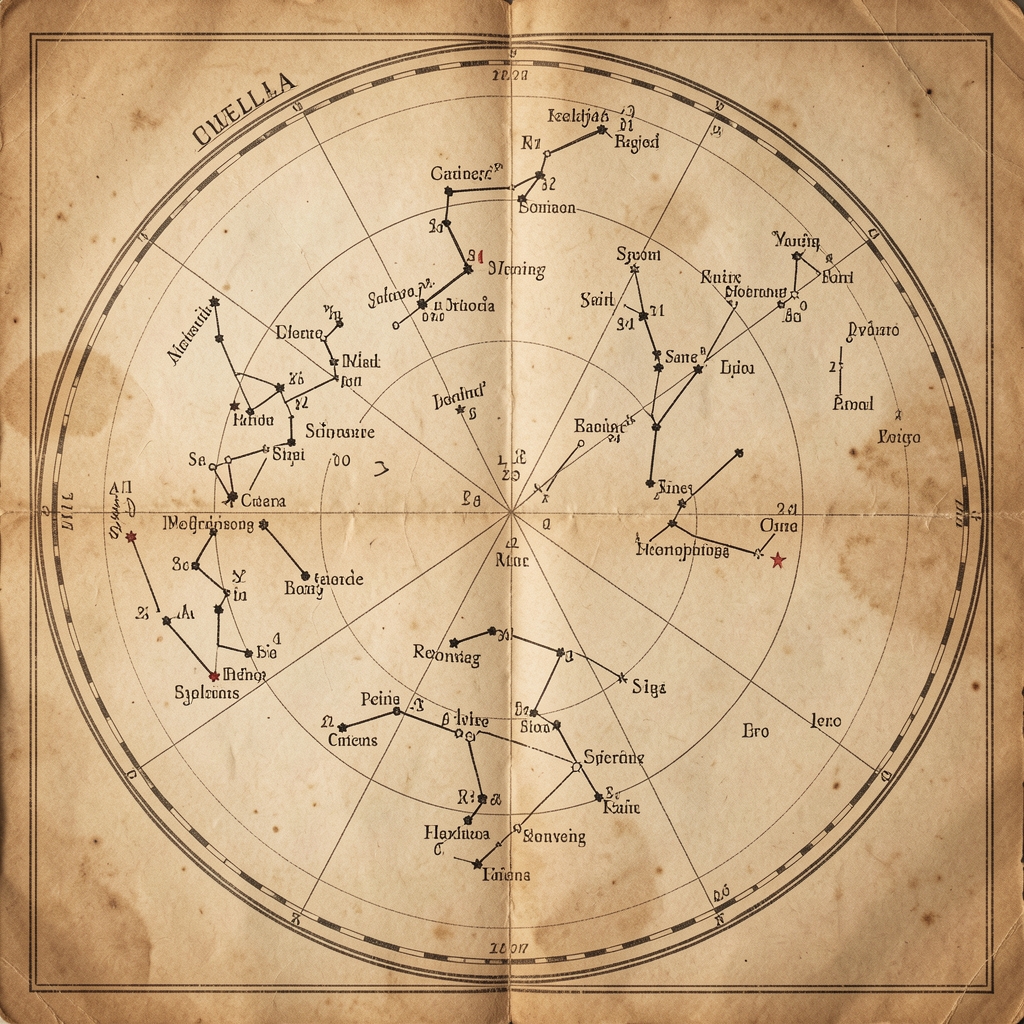 Mapa estelar antiguo con constelaciones dibujadas a mano