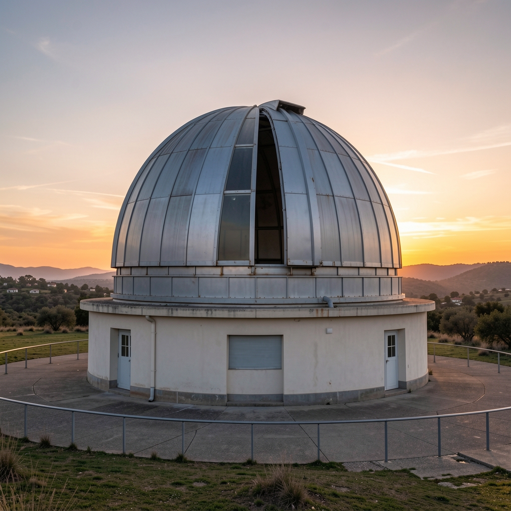 Observatorio astronómico con cúpula abierta al atardecer