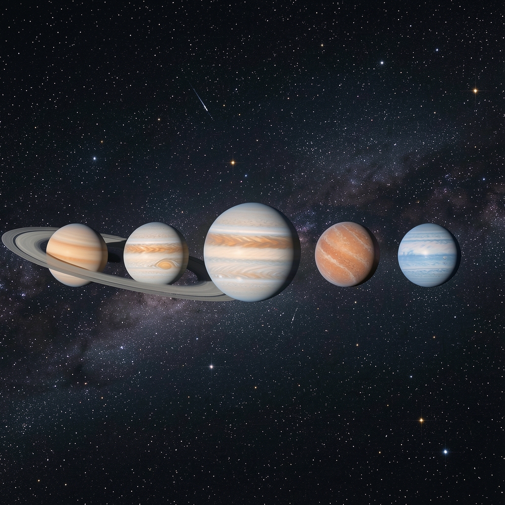 Ilustración fotográfica de planetas del sistema solar alineados en el espacio