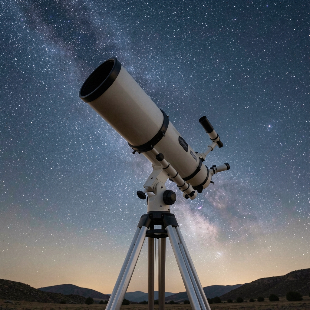 Telescopio astronómico apuntando al cielo nocturno estrellado